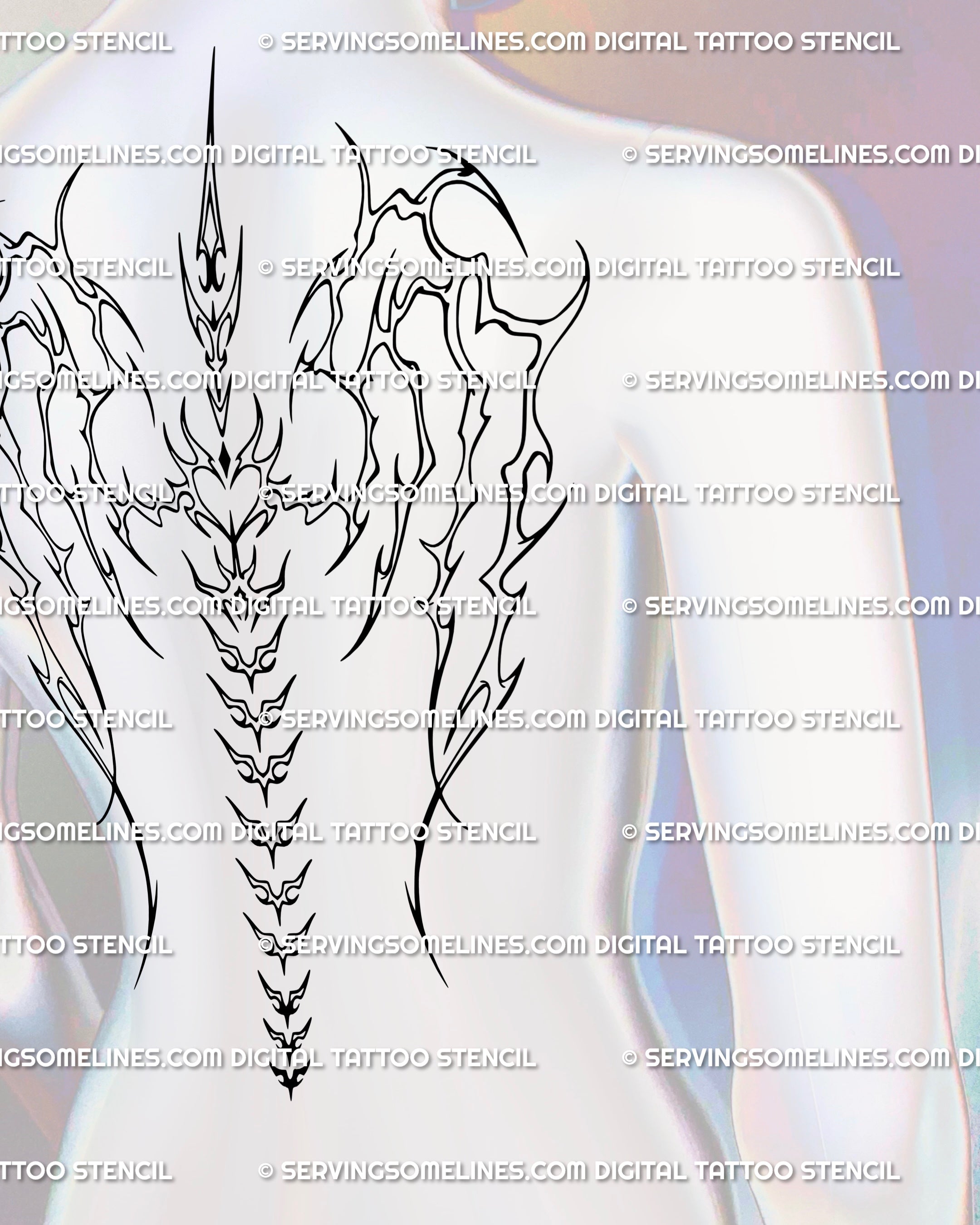 Skeletal wings spine tattoo design placed on back, drawn as a cyber tribal backpiece with symmetry that flows naturally with the shoulders.