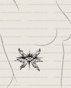 Spiritual all-seeing eye tattoo stencil placed on woman’s side ribs, six-winged seraphim line art drawn in gothic yet delicate motion.