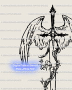 Spiritual angel sword tattoo idea — close-up of the blade, wings, and stars; crisp line details for high-resolution stencil printing.