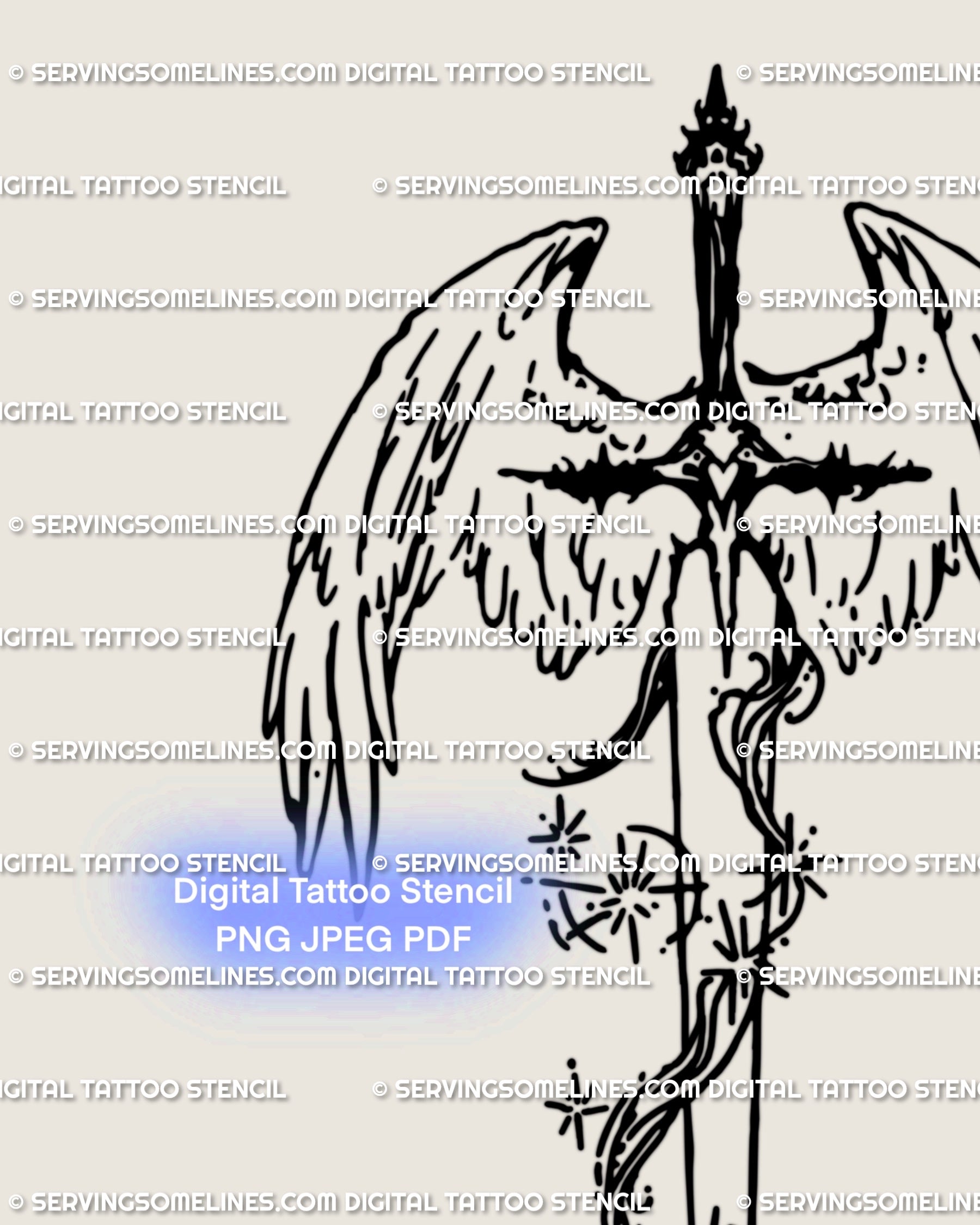 Spiritual angel sword tattoo idea — close-up of the blade, wings, and stars; crisp line details for high-resolution stencil printing.