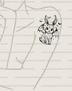 Vampire bunny tattoo placed on woman’s arm, spooky cute style with bat wings and delicate blackwork line art.