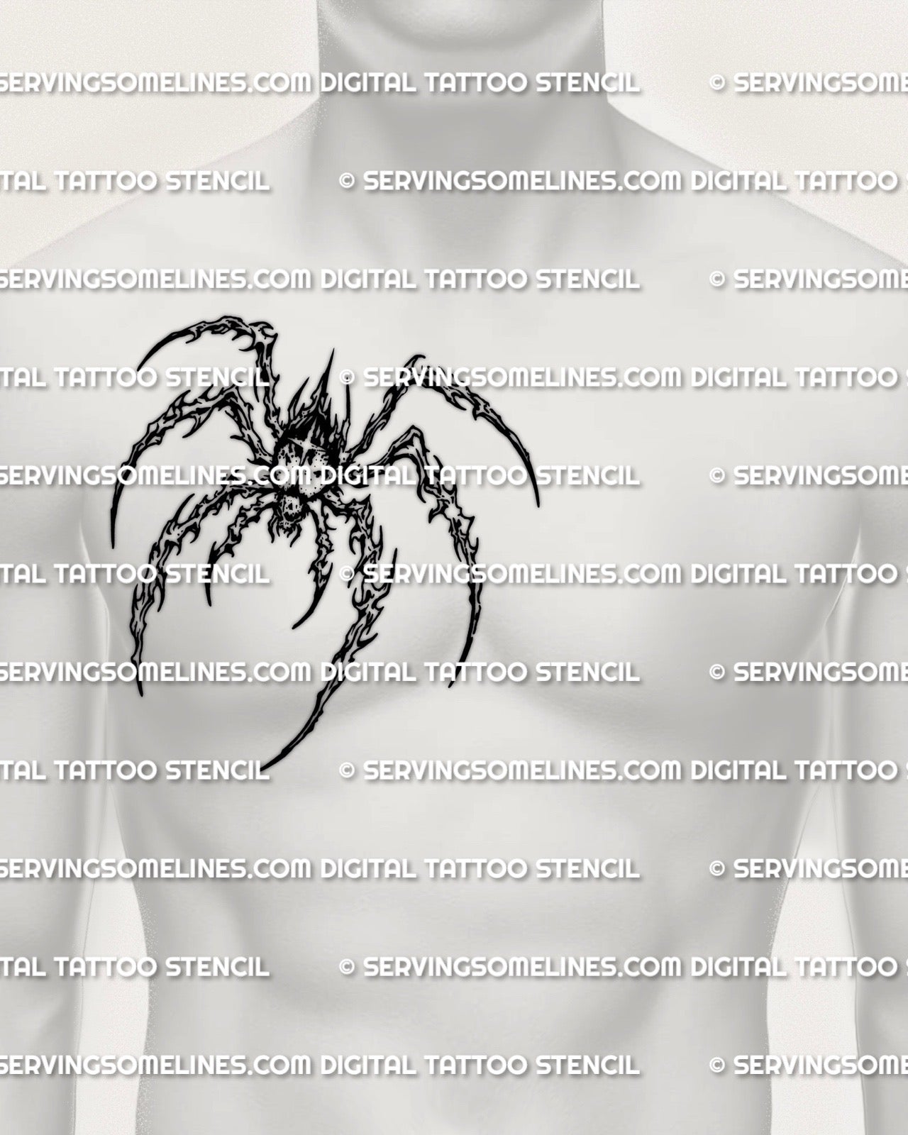 Spooky spider tattoo stencil displayed on side chest placement example, cybersigilism styling, instant printable download
