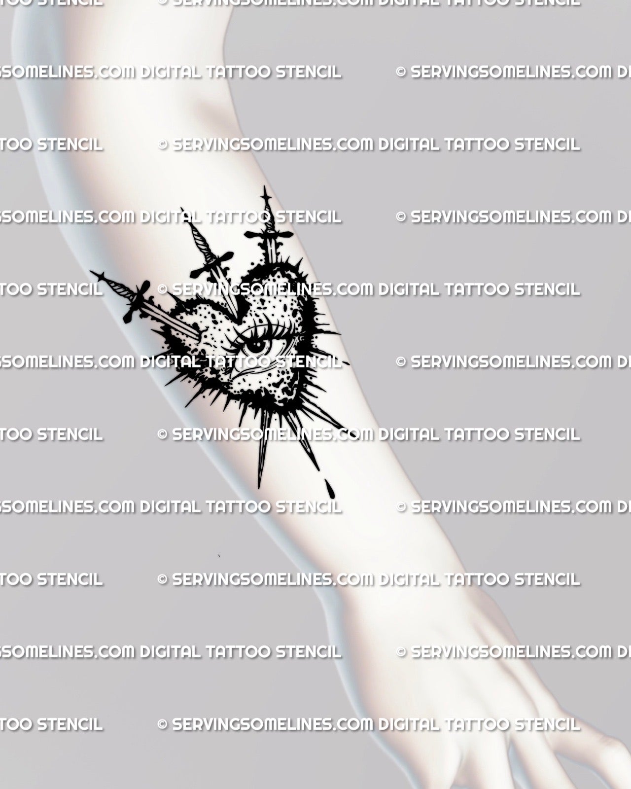 Heart and sword tattoo shown on forearm placement, three blades through heart with eye focal point.
