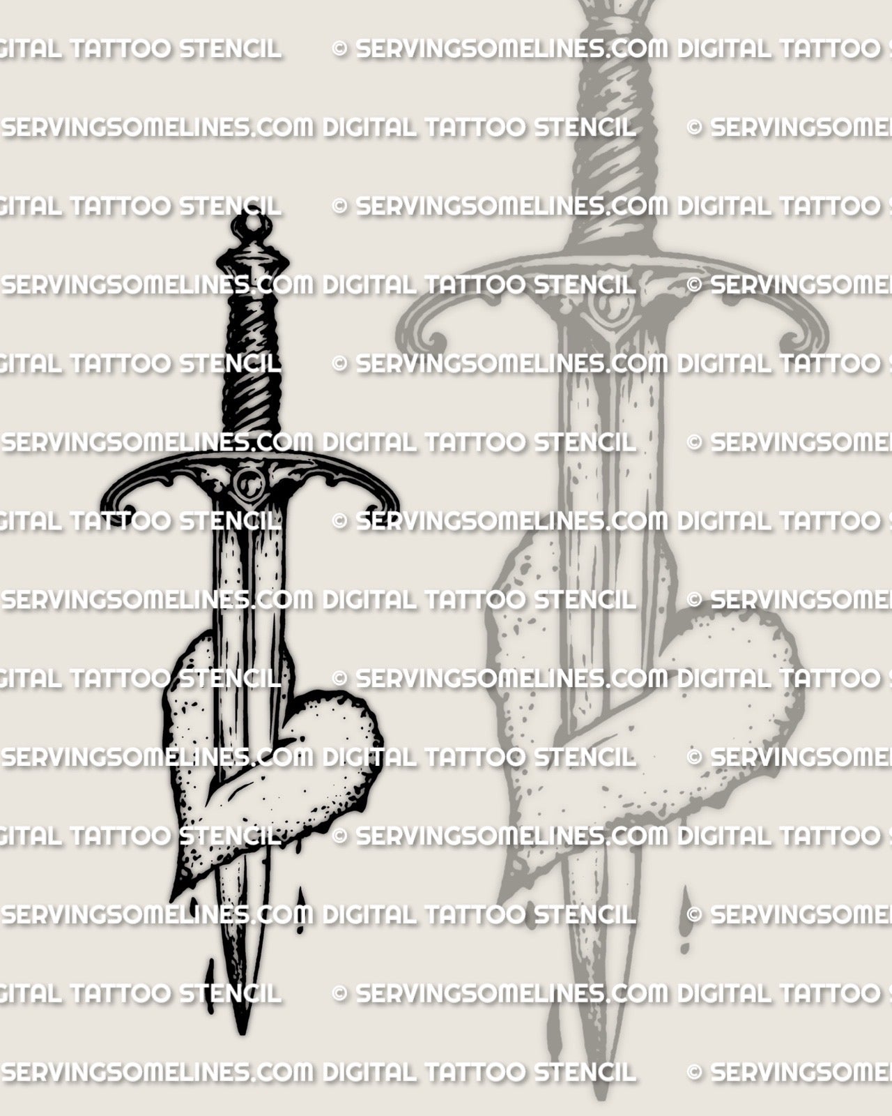 Stabbed heart tattoo design stencil, short dagger through heart with minimal drip accents, crisp linework for a tattoo stencil print and easy sizing