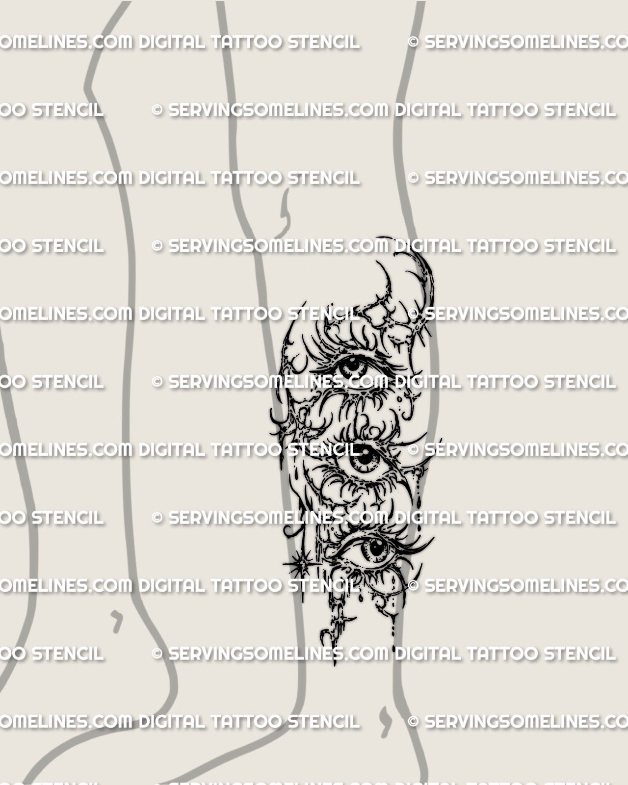 Stacked eyes tattoo stencil in cybersigilism style displayed on lower leg placement preview, surreal eye design with printable digital files.
