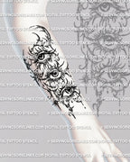 Stacked three eyes tattoo stencil shown on forearm half sleeve placement example, surreal cyber sigil design for clean transfer.