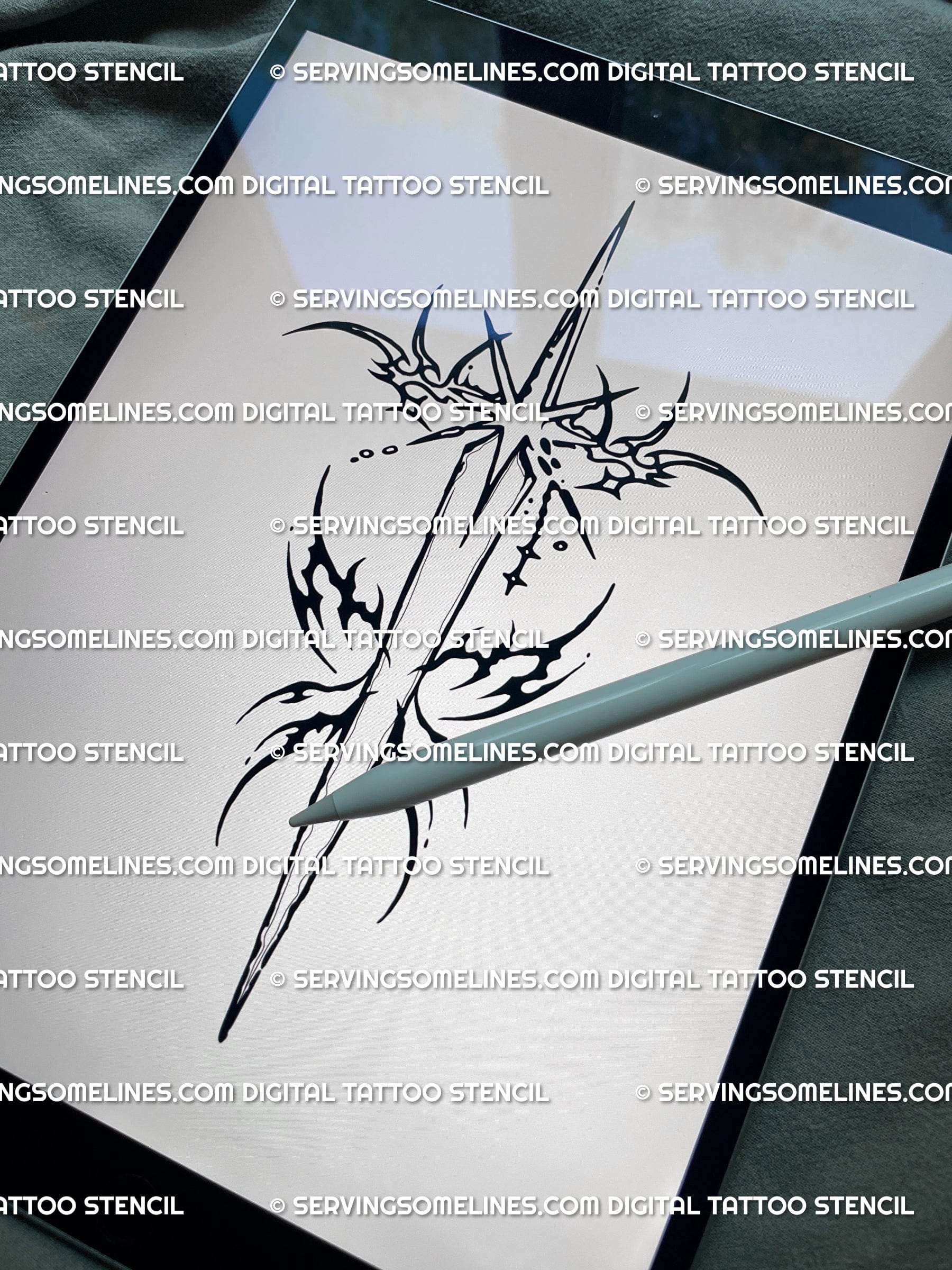 Star dagger tattoo stencil shown on iPad preview, cosmic linework with sharp starburst rays.