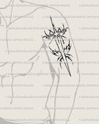 Star dagger tattoo stencil on men’s bicep placement, razor ray crossguard and tapered flare points.