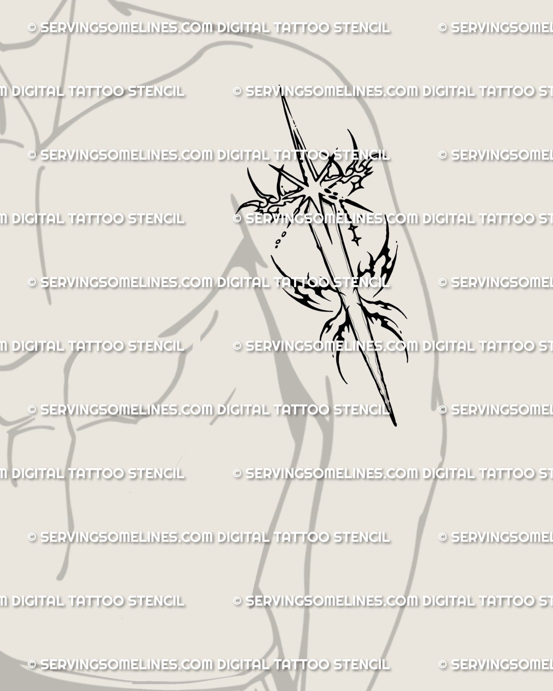 Star dagger tattoo stencil on men’s bicep placement, razor ray crossguard and tapered flare points.