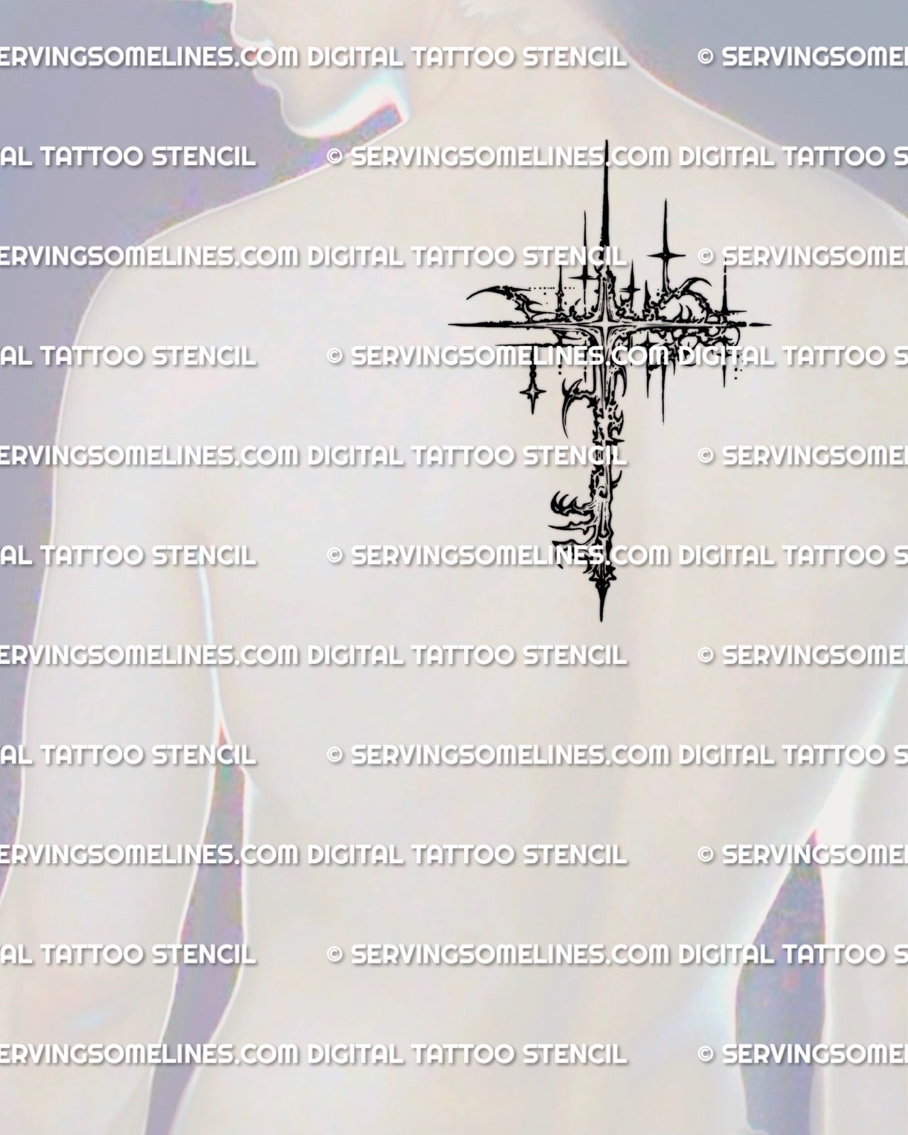 Star key tattoo stencil displayed on men’s upper back placement, long vertical key with compass-star head.