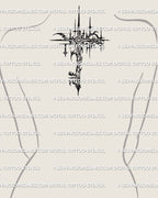 Star key tattoo stencil shown on women’s upper back placement, cyber tribal key outline with compass-star.