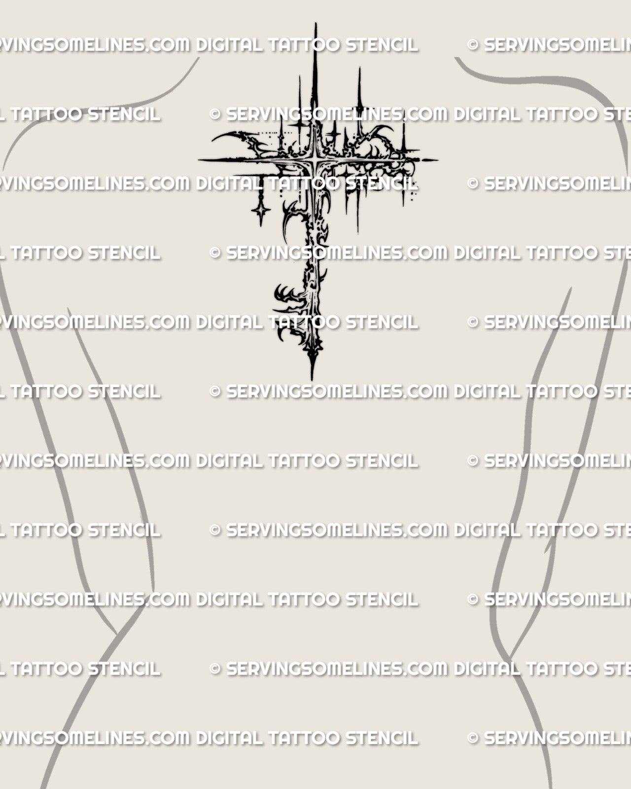Star key tattoo stencil shown on women’s upper back placement, cyber tribal key outline with compass-star.