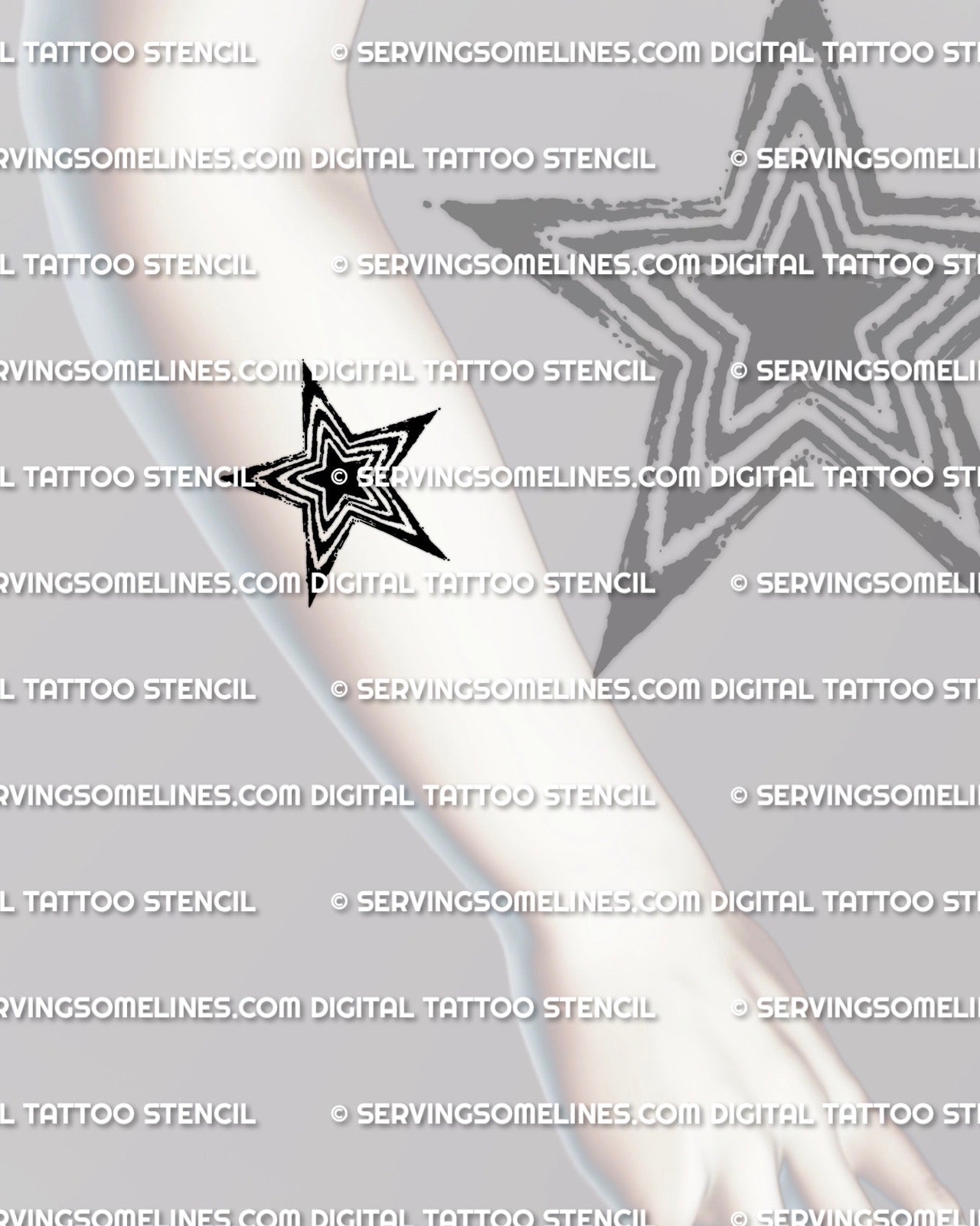 Star tattoo stencil shown on forearm placement, sharp five point outline with long tapered points, clean single star design download