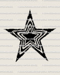 Star tattoo stencil design, sharp edged five point star outline with long tapered points and thin inner line, printable download PNG PDF