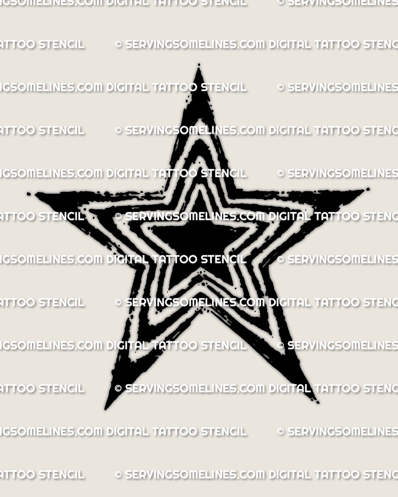 Star tattoo stencil design, sharp edged five point star outline with long tapered points and thin inner line, printable download PNG PDF