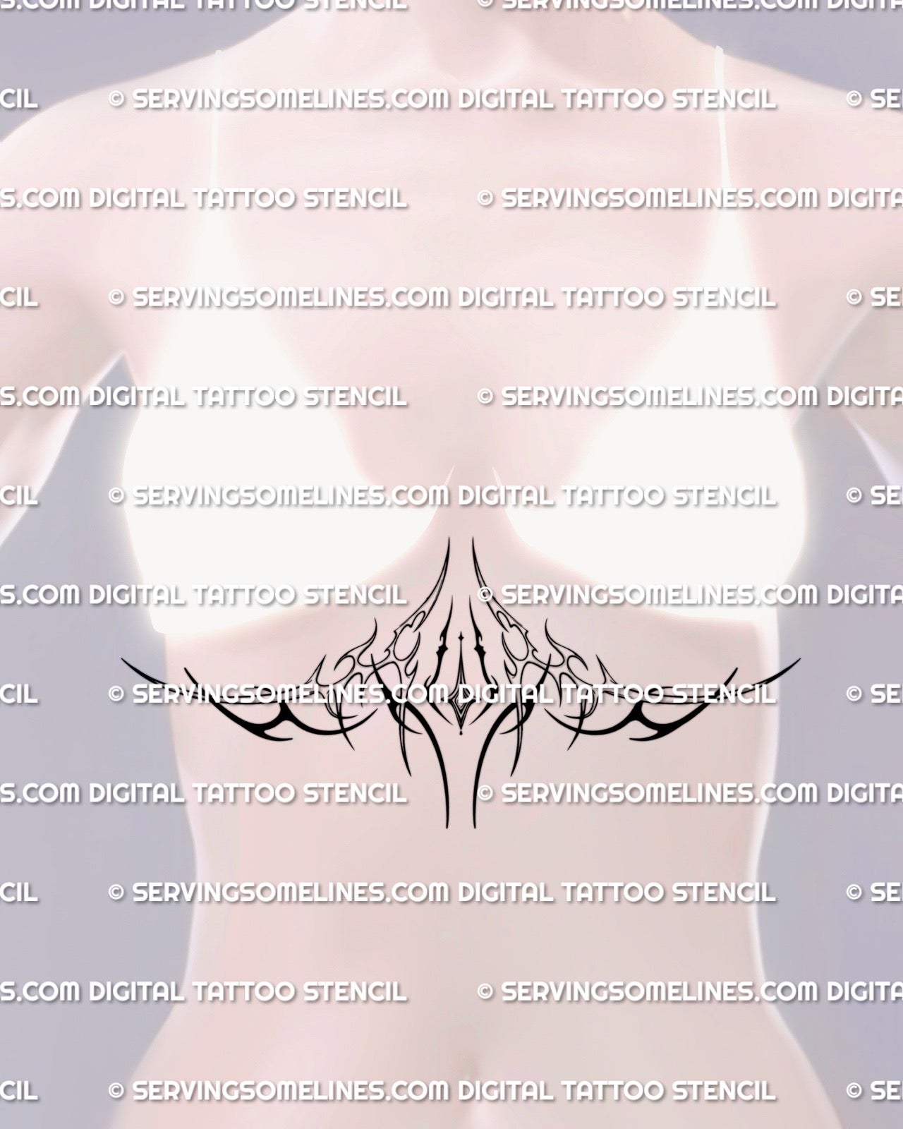 female model showing a star underbust tattoo stencil across the lower chest with subtle neotribal inspired flow and balanced spacing