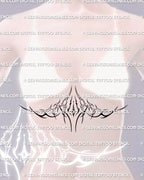 woman wearing a star underbust tattoo stencil shown on chest framing placement with celestial detailing and smooth curved linework