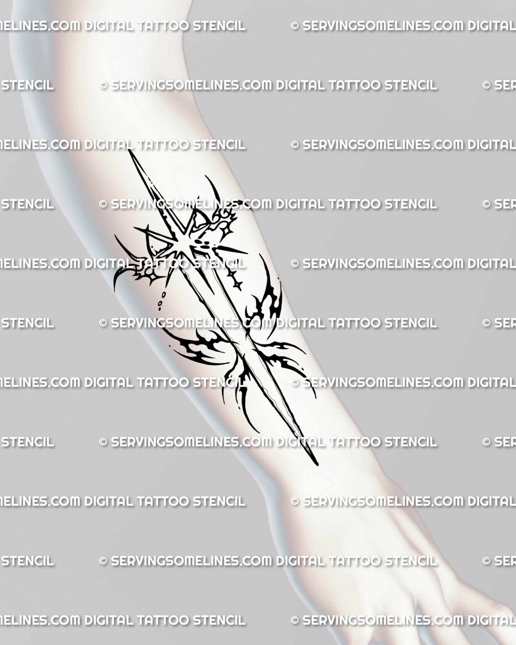 Starburst dagger tattoo stencil on forearm placement, sharp uneven starburst rays, clean readable linework.
