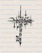 starburst key tattoo stencil in cybersigilism style, compass-star center and sharp rays, high-contrast blackwork.