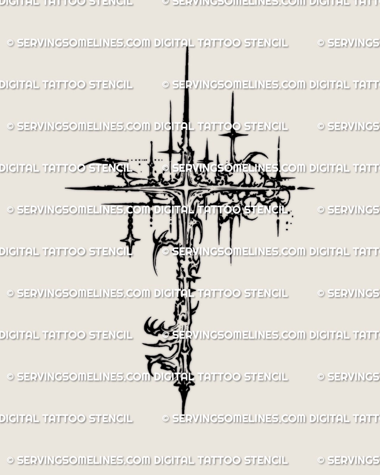 starburst key tattoo stencil in cybersigilism style, compass-star center and sharp rays, high-contrast blackwork.