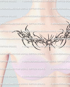 Starburst sternum tattoo shown on women’s chest placement with a centered star and sharp upper chest framing