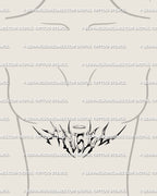 Sternum angel lettering tattoo idea in cyber calligraphy style, fine neotribal script with halo top and elegant lower chest symmetry.