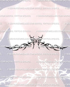 Sternum butterfly tattoo stencil on woman, placed higher for chest framing with cyber tribal curves and clean digital stencil lines.
