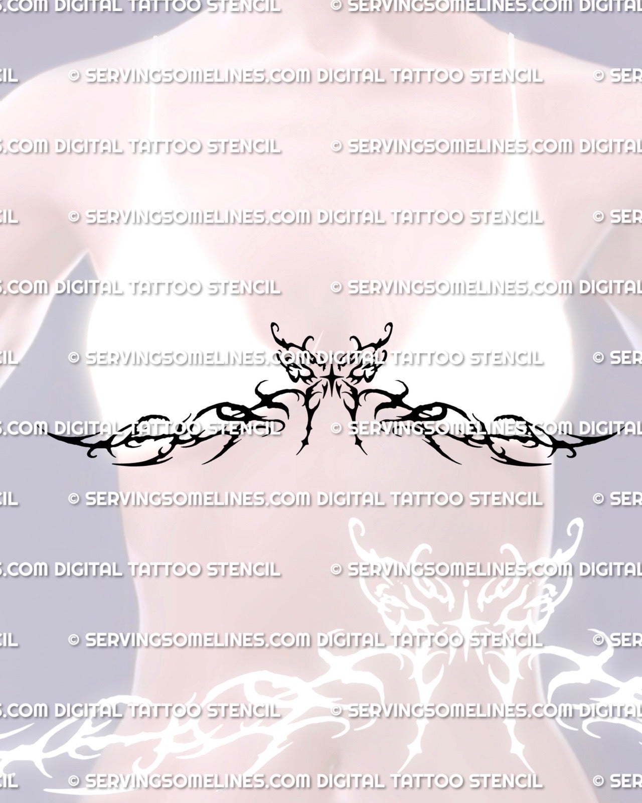 Sternum butterfly tattoo stencil on woman, placed higher for chest framing with cyber tribal curves and clean digital stencil lines.