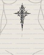 gothic cross tattoo stencil shown on womens sternum placement, cyber neotribal blackwork design ready for download