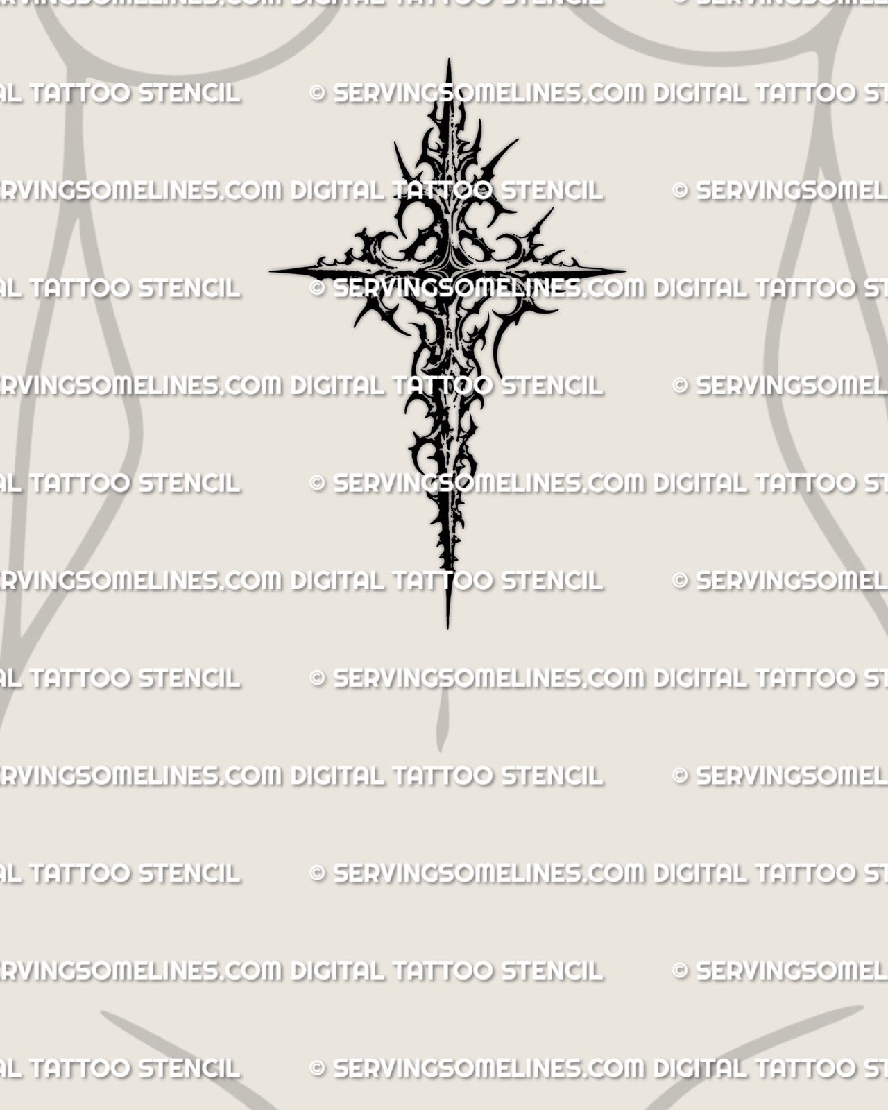gothic cross tattoo stencil shown on womens sternum placement, cyber neotribal blackwork design ready for download