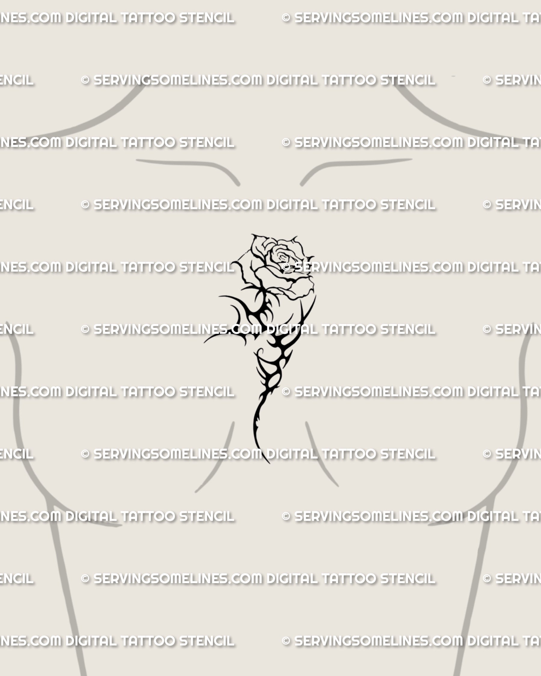 Gothic rose tattoo design in cybersigilism style, placed between breasts as sternum art, thorned neotribal stem adding edgy elegance.
