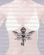 Gothic dragonfly key tattoo stencil displayed on feminine sternum stomach placement, dragonfly wings with antique key spine and crest.