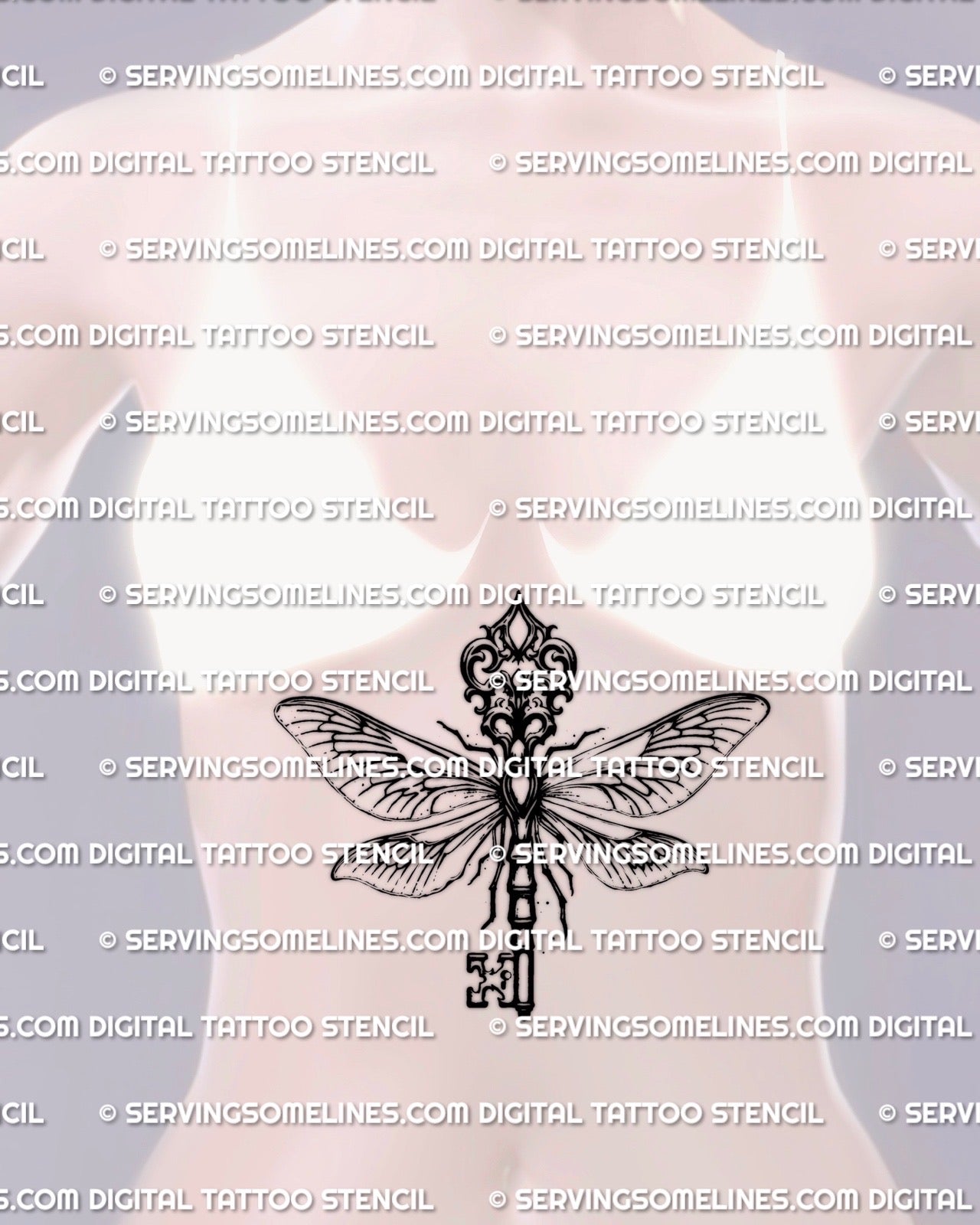 Gothic dragonfly key tattoo stencil displayed on feminine sternum stomach placement, dragonfly wings with antique key spine and crest.