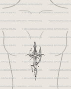 Sternum sword tattoo stencil in gothic cyber tribal line art with celestial stars framing the blade, symbolic cybersigilism chest design.