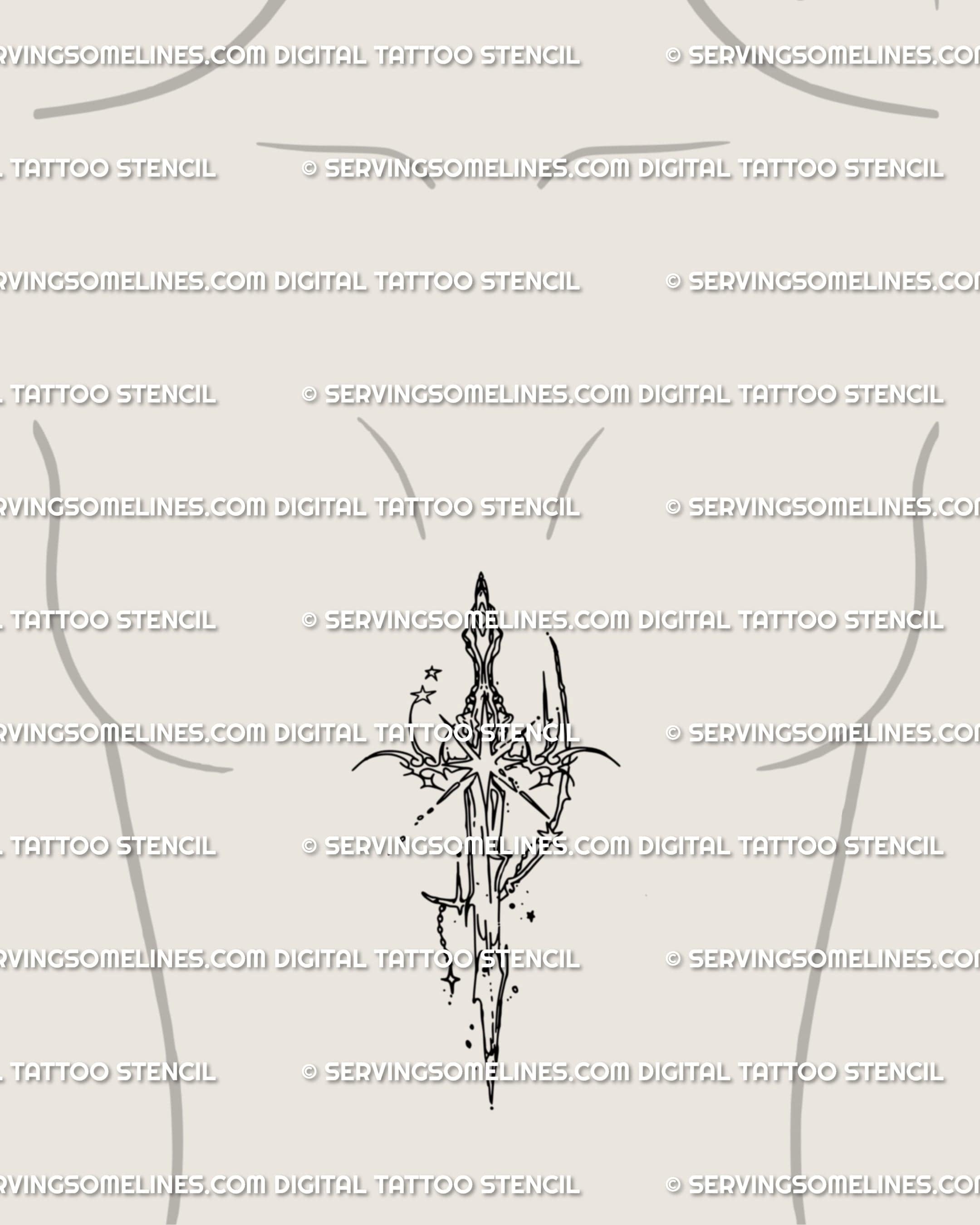 Sternum sword tattoo stencil in gothic cyber tribal line art with celestial stars framing the blade, symbolic cybersigilism chest design.