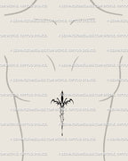 Digital tattoo stencil displayed on woman’s sternum, showing small neo-tribal sword tattoo design, bold centered mini dagger tattoo.