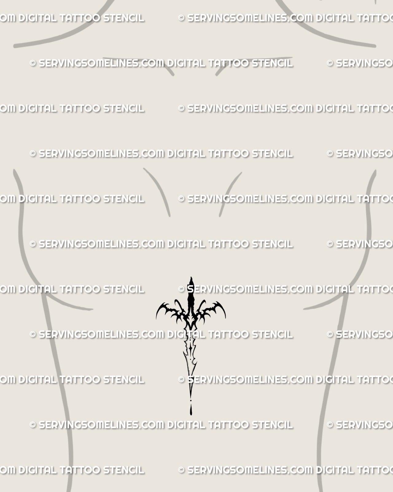 Digital tattoo stencil displayed on woman’s sternum, showing small neo-tribal sword tattoo design, bold centered mini dagger tattoo.
