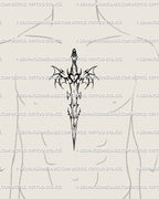 Tattoo mockup on man’s sternum featuring neotribal bat wings sword design, gothic cybercore tattoo stencil with horns and sharp blade flow.