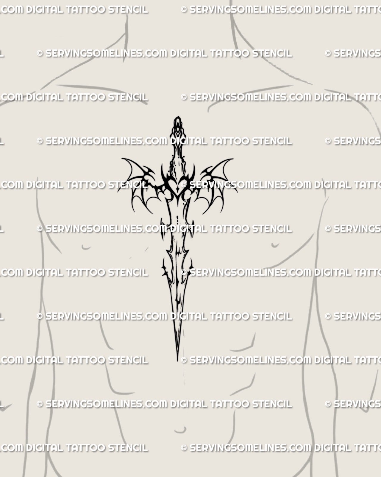 Tattoo mockup on man’s sternum featuring neotribal bat wings sword design, gothic cybercore tattoo stencil with horns and sharp blade flow.