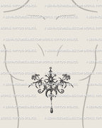 Cybersigil pendant tattoo stencil placed under the breast with crescent moon, stars and a small drop shown as a feminine line placement example