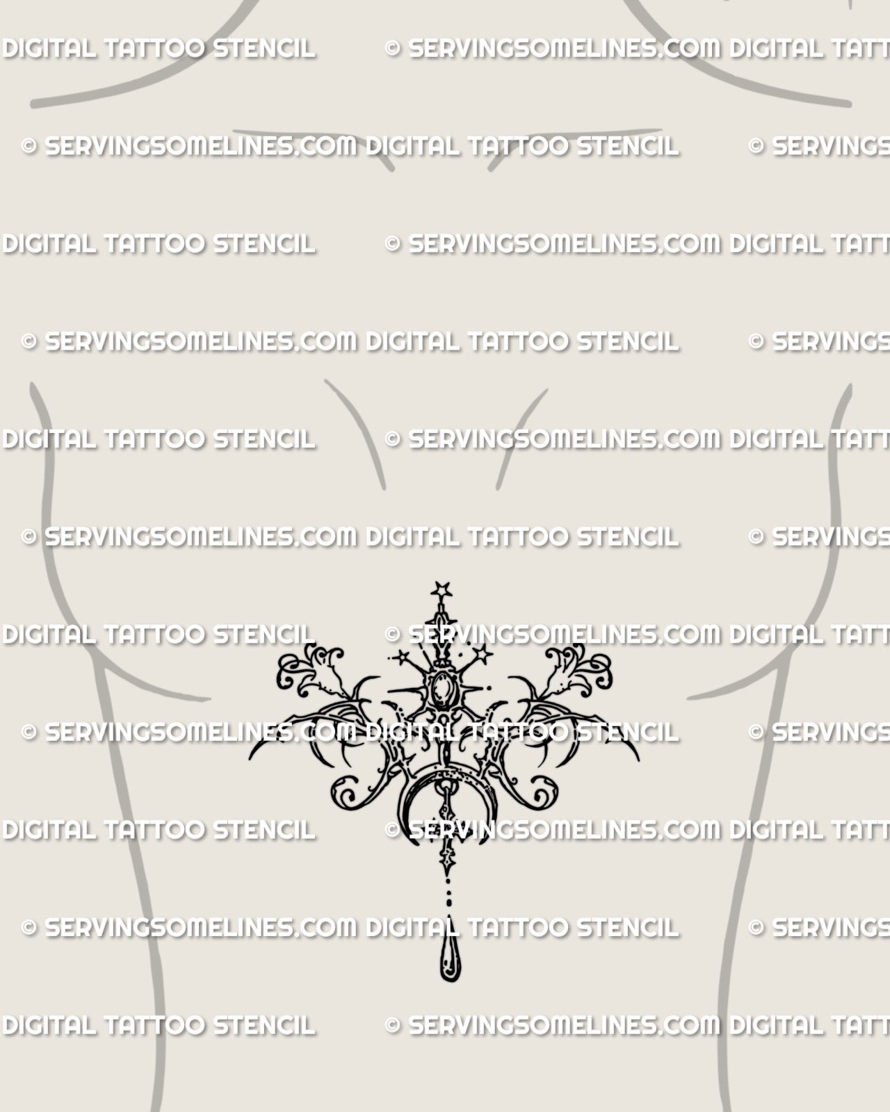 Cybersigil pendant tattoo stencil placed under the breast with crescent moon, stars and a small drop shown as a feminine line placement example