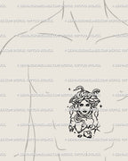 Gorgon outline tattoo flash download reimagined as a sternum centerpiece for men, bold mythology design with snakes and sculptural stone detail.