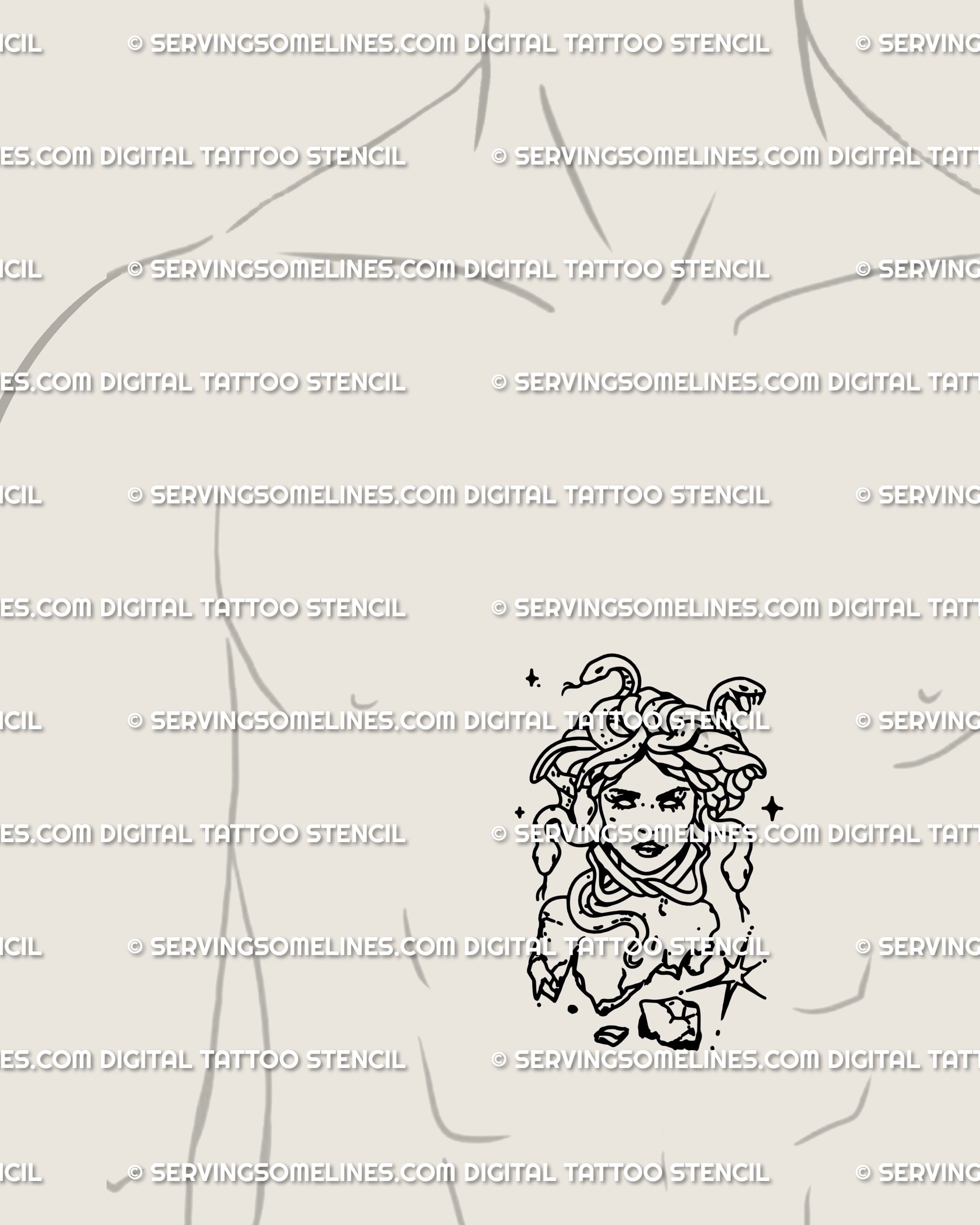 Gorgon outline tattoo flash download reimagined as a sternum centerpiece for men, bold mythology design with snakes and sculptural stone detail.