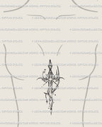 Sternum sword tattoo stencil in gothic cyber tribal line art, celestial stars framing the blade vertically, symbolic cybersigilism design for chest center.