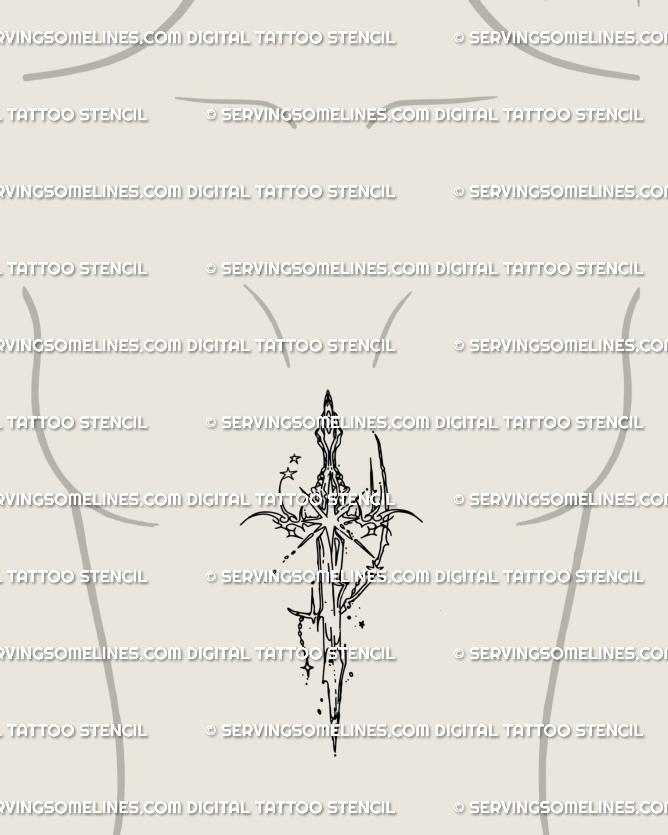 Sternum sword tattoo stencil in gothic cyber tribal line art, celestial stars framing the blade vertically, symbolic cybersigilism design for chest center.