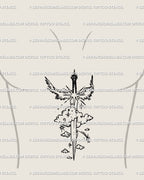 Sternum sword tattoo design with angel wings, sacred vertical guardian emblem in cyber sigil style, celestial and gothic energy in one placement.