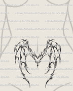 feminine cyber heart dragon wings tattoo placed on stomach, neotribal wings curving along ribs and waist for a sharp but soft torso design