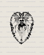 Succubus fairy tattoo stencil in gothic blackwork style, demon girl with horns and spiderweb wings inside heart frame.