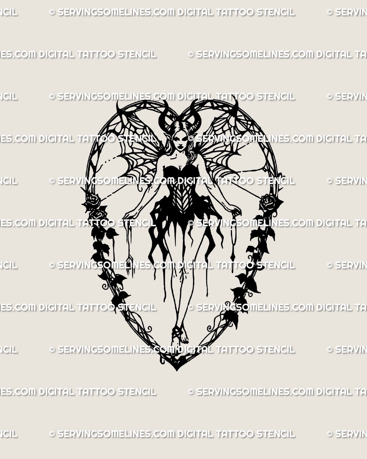 Succubus fairy tattoo stencil in gothic blackwork style, demon girl with horns and spiderweb wings inside heart frame.