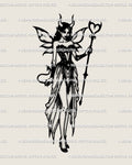 Succubus fairy tattoo stencil with horns, wings, and heart staff, gothic dark feminine design blending witchy fantasy and occult energy
